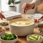 A photorealistic, softly lit image of a communal fondue experience. A modern fondue pot, brimming with velvety golden cheese, sits on a warm wooden table. It's surrounded by artfully arranged dipping items: crusty bread cubes, blanched broccoli, roasted new potatoes, and apple slices. Multiple hands gracefully interact, dipping fondue forks into the cheese, conveying togetherness and elegant simplicity.