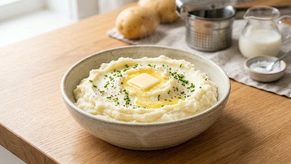 **Alt text:** An editorial food photograph of a rustic ceramic bowl filled with fluffy, steaming mashed potatoes, topped with a melting pat of butter and fresh chives on a bright wooden kitchen countertop.