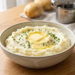 **Alt text:** An editorial food photograph of a rustic ceramic bowl filled with fluffy, steaming mashed potatoes, topped with a melting pat of butter and fresh chives on a bright wooden kitchen countertop.