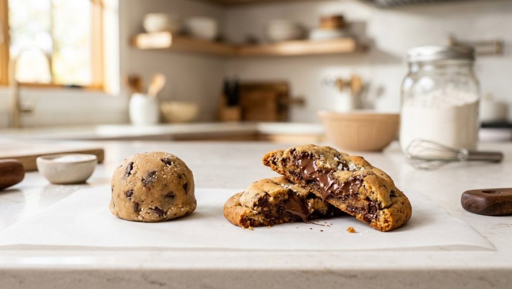 **Alt text:** A warm, golden-brown chocolate chip cookie broken in half to reveal a gooey, melted center, next to a chilled, solid scoop of raw cookie dough on white parchment paper.