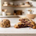 **Alt text:** A warm, golden-brown chocolate chip cookie broken in half to reveal a gooey, melted center, next to a chilled, solid scoop of raw cookie dough on white parchment paper.
