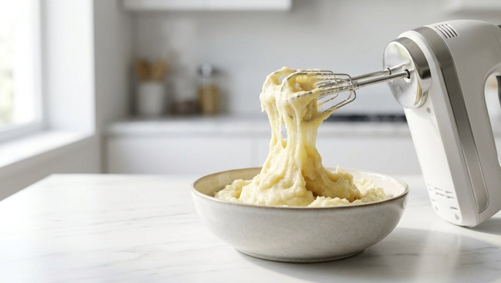 **Alt text:** An electric hand mixer lifted from a bowl of mashed potatoes, which have turned into a thick, gummy, glue-like paste stretching from the metal beaters on a marble countertop.