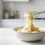 **Alt text:** An electric hand mixer lifted from a bowl of mashed potatoes, which have turned into a thick, gummy, glue-like paste stretching from the metal beaters on a marble countertop.