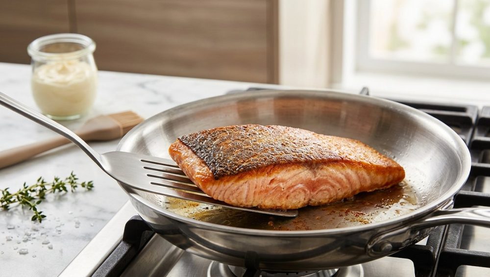 **Alt text:** Close-up of a salmon fillet with perfectly crispy, golden-brown skin being lifted from a stainless steel skillet with a metal spatula. A jar of mayonnaise and a pastry brush are visible on a marble countertop in the soft-focus kitchen background.