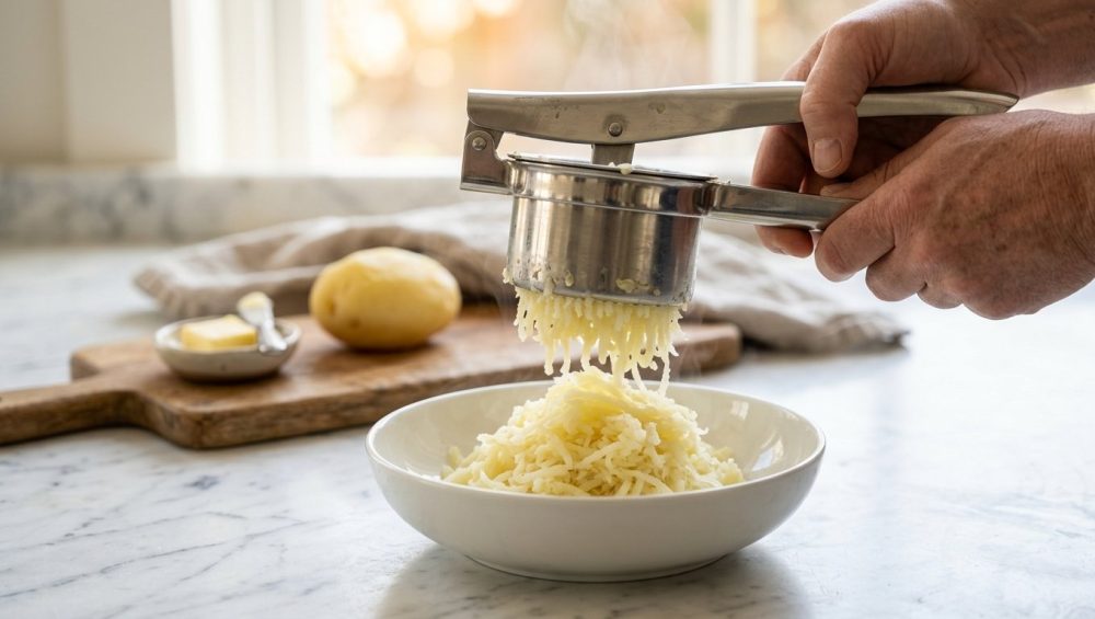 **Alt Text:** A stainless steel potato ricer extrudes fluffy, steaming strands of potato into a white ceramic bowl on a bright marble countertop. Soft, warm sunlight illuminates the rising steam, with a whole potato and butter blurred in the background.
