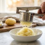 **Alt Text:** A stainless steel potato ricer extrudes fluffy, steaming strands of potato into a white ceramic bowl on a bright marble countertop. Soft, warm sunlight illuminates the rising steam, with a whole potato and butter blurred in the background.