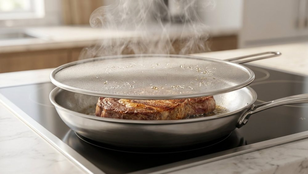 **Alt text:** A thick ribeye steak searing in a stainless steel skillet on an induction stove, covered by a fine-mesh splatter guard with steam rising through it.