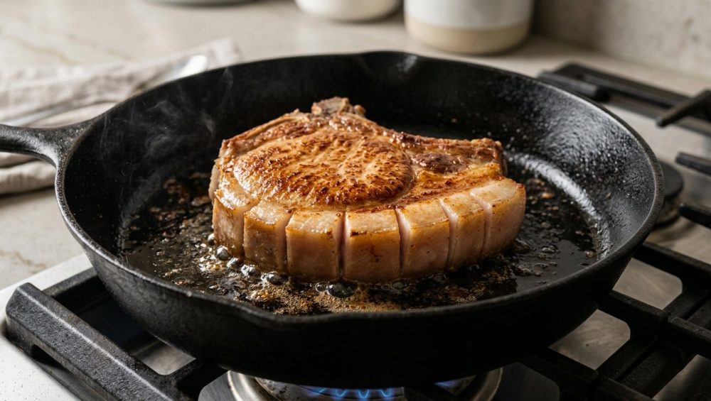 **Alt text:** Close-up of a thick-cut pork chop with a golden-brown crust searing in a hot cast-iron skillet, with sizzling oil and a scored fat cap under warm, dramatic lighting.