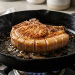 **Alt text:** Close-up of a thick-cut pork chop with a golden-brown crust searing in a hot cast-iron skillet, with sizzling oil and a scored fat cap under warm, dramatic lighting.