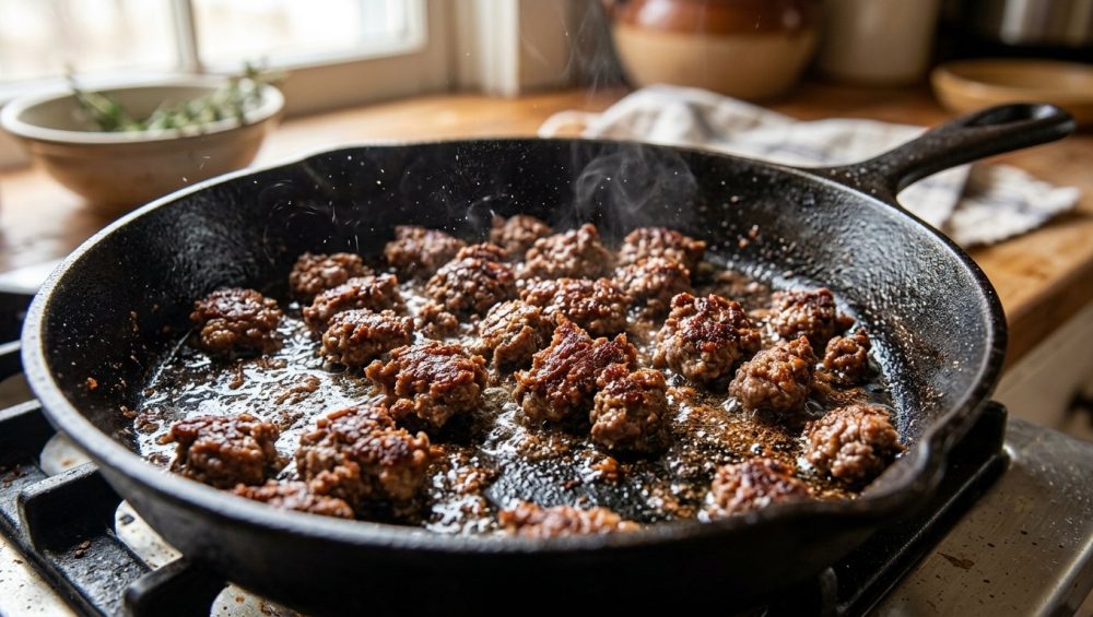 **Alt text:** Close-up of ground beef searing in a hot cast-iron skillet, showing deeply browned, caramelized meat crumbles sizzling in a thin layer of oil.