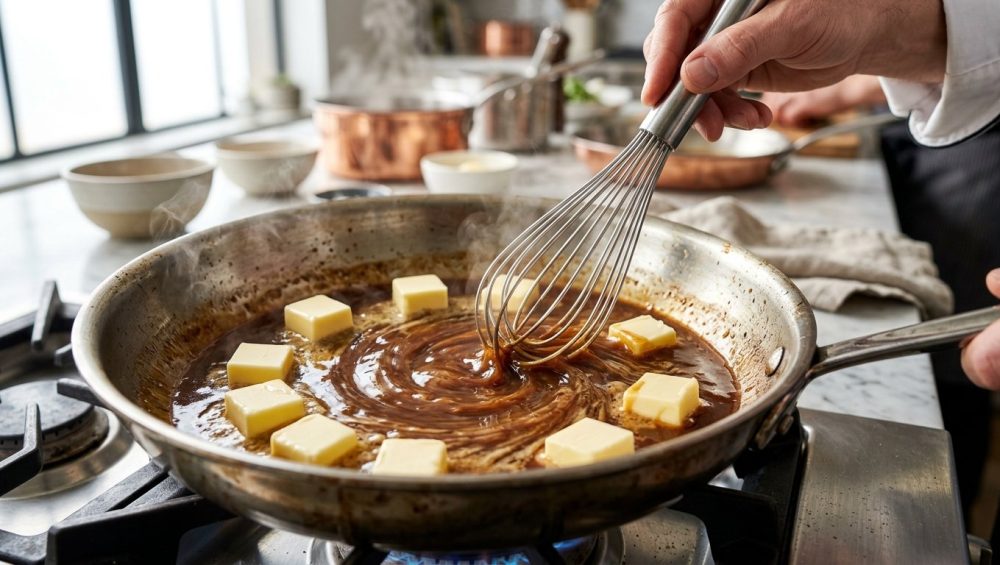 **Alt text:** A close-up of a metal whisk blending cold cubes of butter into a glossy, dark amber sauce in a stainless steel skillet.