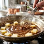 **Alt text:** A close-up of a metal whisk blending cold cubes of butter into a glossy, dark amber sauce in a stainless steel skillet.