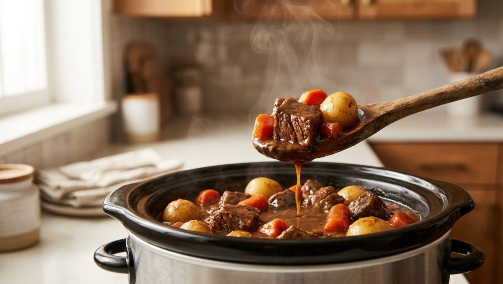 **Alt text:** A wooden spoon lifts a portion of hearty beef stew from a ceramic slow cooker, showcasing a thick, glossy gravy coating tender beef chunks, carrots, and potatoes. Soft steam rises from the pot in a warm, softly blurred kitchen.