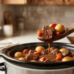 **Alt text:** A wooden spoon lifts a portion of hearty beef stew from a ceramic slow cooker, showcasing a thick, glossy gravy coating tender beef chunks, carrots, and potatoes. Soft steam rises from the pot in a warm, softly blurred kitchen.