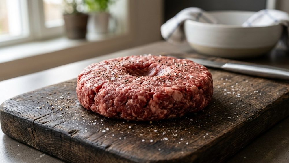 **Alt text:** A raw, seasoned ground beef patty with a thumbprint indentation in the center, resting on a rustic wooden cutting board in a softly blurred kitchen.