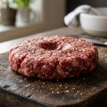 **Alt text:** A raw, seasoned ground beef patty with a thumbprint indentation in the center, resting on a rustic wooden cutting board in a softly blurred kitchen.