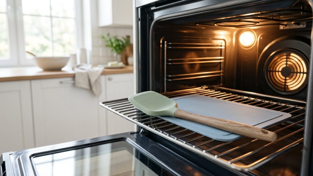 **Alt Text:** Close-up of pastel-colored silicone kitchen utensils on a metal rack inside a modern oven, illuminated by a warm amber glow with a bright, minimalist kitchen in the soft-focus background.