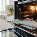 **Alt Text:** Close-up of pastel-colored silicone kitchen utensils on a metal rack inside a modern oven, illuminated by a warm amber glow with a bright, minimalist kitchen in the soft-focus background.