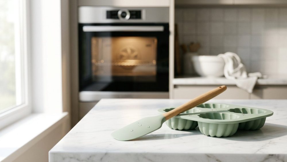 **Alt Text:** A minimalist photograph of a pastel-colored silicone spatula and matching baking mold with fresh water droplets, resting on a light marble countertop. Bright, natural morning light illuminates the scene, with a softly blurred modern kitchen and glowing oven in the background.