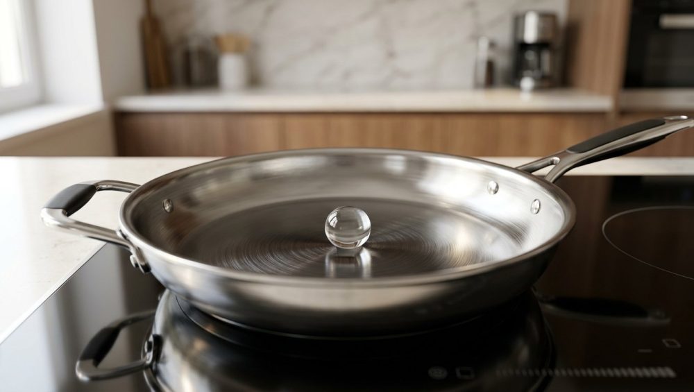 **Alt text:** A macro photograph of a single, perfect sphere of water gliding across a hot, polished stainless steel skillet, demonstrating the Leidenfrost effect in a bright, modern kitchen.