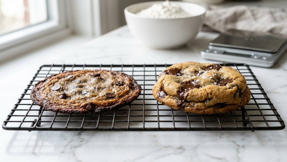 Side-by-side comparison of two chocolate chip cookies on a wire cooling rack. The left cookie is flat, thin, and greasy with dark edges, while the right cookie is thick, golden-brown, and soft, topped with melted chocolate pools and flaky sea salt.