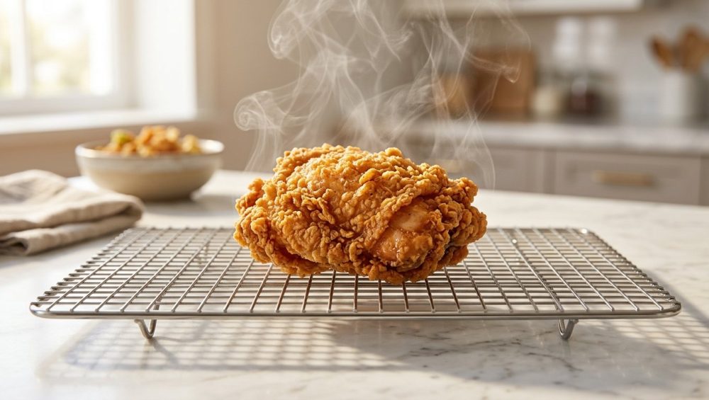 A crispy, golden-brown fried chicken thigh resting on a stainless steel cooling rack over a marble countertop, with gentle wisps of steam rising in a bright, sunlit kitchen.