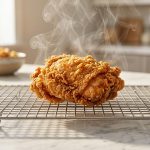 A crispy, golden-brown fried chicken thigh resting on a stainless steel cooling rack over a marble countertop, with gentle wisps of steam rising in a bright, sunlit kitchen.