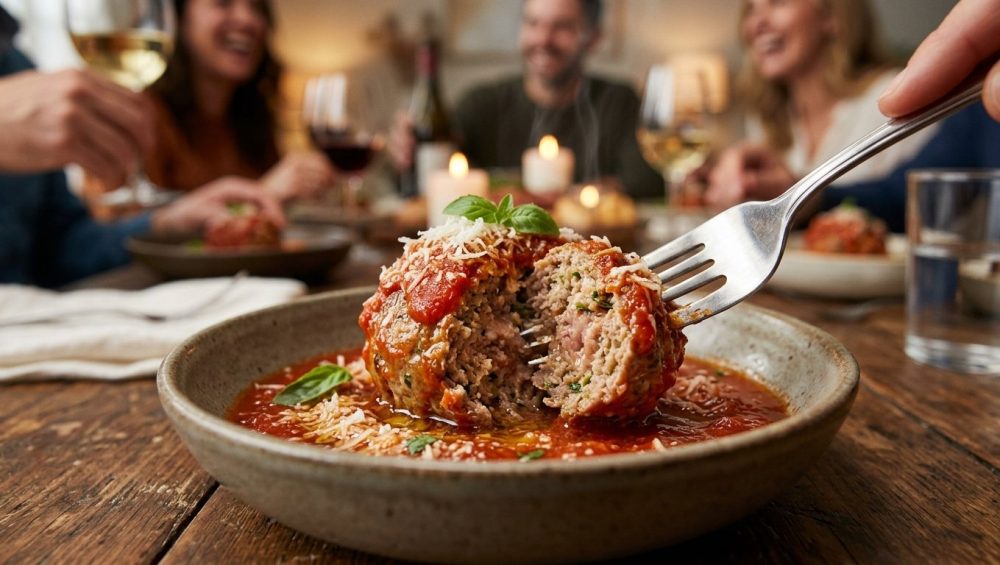 **Alt text:** A close-up of a tender meatball coated in vibrant marinara sauce and parmesan, being split open with a fork to reveal its juicy interior, with a warm, blurry dinner party in the background.