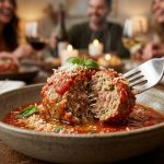 **Alt text:** A close-up of a tender meatball coated in vibrant marinara sauce and parmesan, being split open with a fork to reveal its juicy interior, with a warm, blurry dinner party in the background.