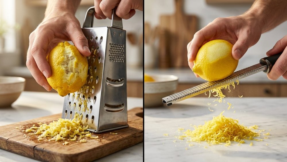 **Alt text:** A side-by-side photo comparing two lemon zesting techniques. The left side shows a hand using a box grater, resulting in clumpy, wet zest and a torn lemon on a wooden board. The right side shows a hand using a microplane, producing light, fluffy zest and a cleanly peeled lemon on a white marble counter.