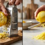 **Alt text:** A side-by-side photo comparing two lemon zesting techniques. The left side shows a hand using a box grater, resulting in clumpy, wet zest and a torn lemon on a wooden board. The right side shows a hand using a microplane, producing light, fluffy zest and a cleanly peeled lemon on a white marble counter.