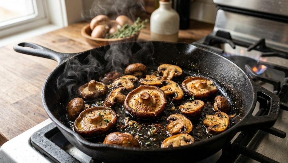**Alt text:** A close-up of gourmet cremini and shiitake mushrooms searing in a hot cast-iron skillet. The mushrooms are caramelized and glistening with oil as light steam rises under warm, natural lighting.