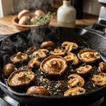 **Alt text:** A close-up of gourmet cremini and shiitake mushrooms searing in a hot cast-iron skillet. The mushrooms are caramelized and glistening with oil as light steam rises under warm, natural lighting.