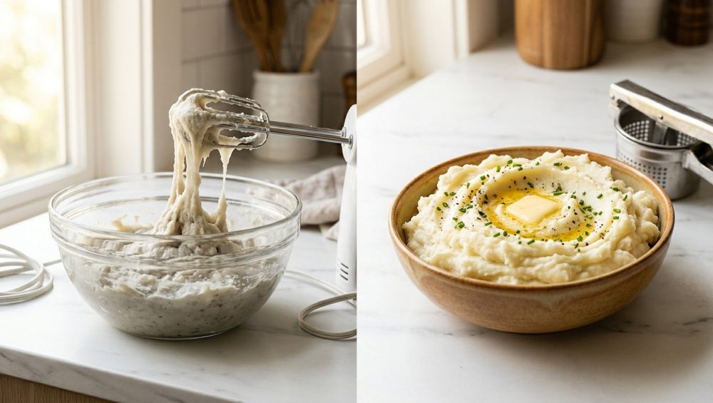 **Alt Text:** A side-by-side comparison of mashed potato textures on a bright marble countertop. On the left, a glass bowl holds gummy, gluey potato paste clinging to the beaters of an electric mixer. On the right, a ceramic bowl holds light, fluffy mashed potatoes topped with melting butter and chives next to a classic potato ricer.