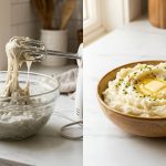 **Alt Text:** A side-by-side comparison of mashed potato textures on a bright marble countertop. On the left, a glass bowl holds gummy, gluey potato paste clinging to the beaters of an electric mixer. On the right, a ceramic bowl holds light, fluffy mashed potatoes topped with melting butter and chives next to a classic potato ricer.