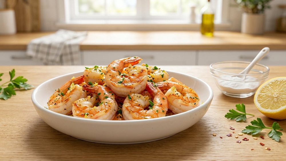 **Alt text:** A close-up photograph of plump, glistening seared shrimp in a white ceramic dish on a light wood countertop, styled with a halved lemon, fresh parsley, and a small bowl of baking soda in a bright, sunlit kitchen.