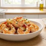 **Alt text:** A close-up photograph of plump, glistening seared shrimp in a white ceramic dish on a light wood countertop, styled with a halved lemon, fresh parsley, and a small bowl of baking soda in a bright, sunlit kitchen.