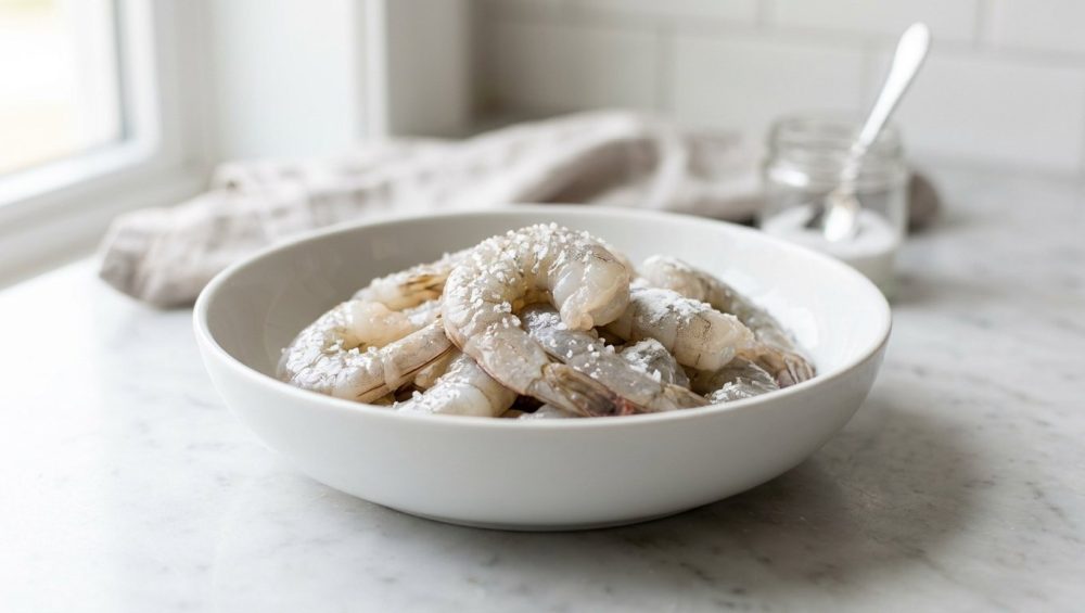**Alt text:** Macro photograph of fresh, raw, peeled shrimp in a white ceramic bowl on a marble countertop, glistening under natural light and sprinkled with coarse sea salt.