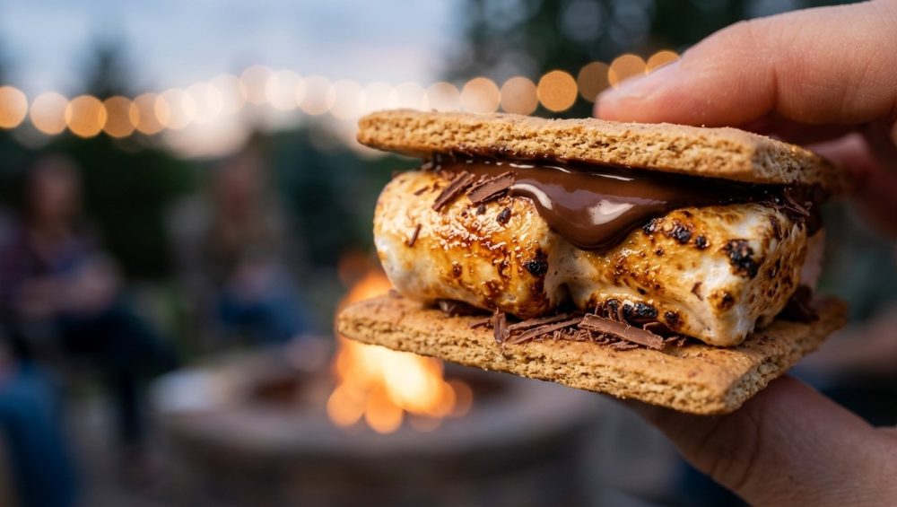 **Alt text:** Close-up of a gourmet s'more with a toasted, gooey marshmallow and melting dark chocolate between graham crackers, set against a blurred background of a warm backyard fire pit and glowing string lights.