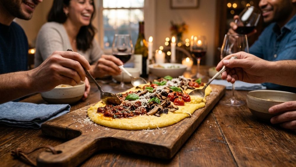 A rustic wooden board spread with creamy yellow polenta, topped with tomato ragu, roasted mushrooms, and fresh basil. Guests' hands reach into the frame with spoons, creating a warm, communal dining scene.