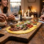 A rustic wooden board spread with creamy yellow polenta, topped with tomato ragu, roasted mushrooms, and fresh basil. Guests' hands reach into the frame with spoons, creating a warm, communal dining scene.