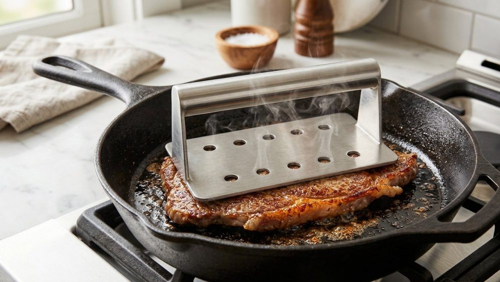 **Alt Text:** Close-up of a rectangular, vented stainless steel chef's press resting on a sizzling steak in a cast-iron skillet, with steam rising from the vents and a golden-brown crust forming on the meat.