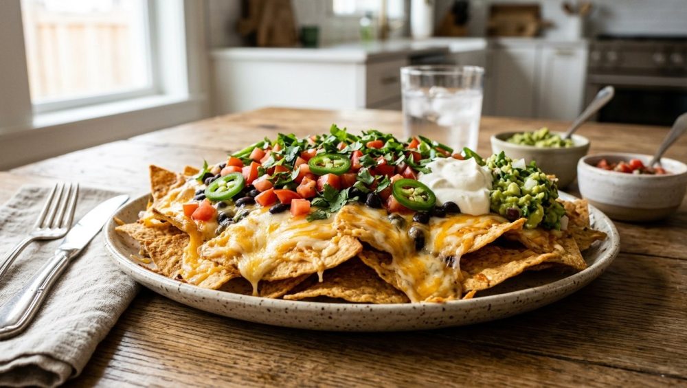 **Alt Text:** A close-up photograph of a gourmet platter of crispy nachos layered with melted cheese, fresh tomatoes, jalapeños, and cilantro on a rustic wooden table, with bowls of guacamole and sour cream in the blurred background.