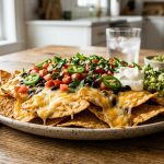 **Alt Text:** A close-up photograph of a gourmet platter of crispy nachos layered with melted cheese, fresh tomatoes, jalapeños, and cilantro on a rustic wooden table, with bowls of guacamole and sour cream in the blurred background.