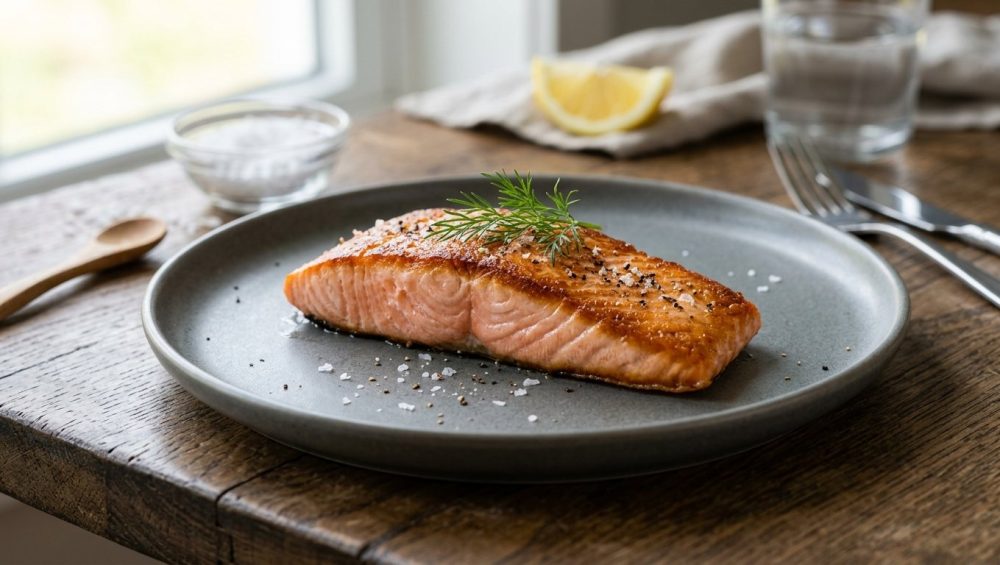 **Alt text:** A close-up photograph of a pan-seared salmon fillet with a crispy, golden-brown crust on a matte ceramic plate, garnished with sea salt and a sprig of dill under soft, natural light.