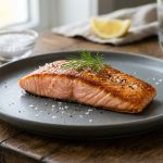 **Alt text:** A close-up photograph of a pan-seared salmon fillet with a crispy, golden-brown crust on a matte ceramic plate, garnished with sea salt and a sprig of dill under soft, natural light.