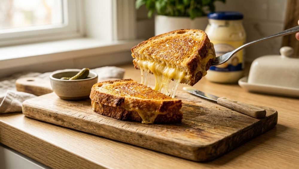 **Alt text:** A golden-brown grilled cheese sandwich cut diagonally, with gooey, melted yellow cheddar cheese stretching between the two halves on a wooden cutting board.