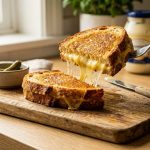 **Alt text:** A golden-brown grilled cheese sandwich cut diagonally, with gooey, melted yellow cheddar cheese stretching between the two halves on a wooden cutting board.
