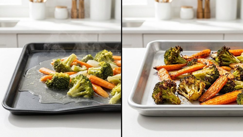 A split-screen comparison of roasting vegetables. On the left, pale, soggy broccoli and carrots pool in liquid on a warped, dark baking sheet. On the right, crispy, caramelized vegetables are perfectly roasted on a flat, professional aluminum pan.