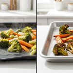 A split-screen comparison of roasting vegetables. On the left, pale, soggy broccoli and carrots pool in liquid on a warped, dark baking sheet. On the right, crispy, caramelized vegetables are perfectly roasted on a flat, professional aluminum pan.